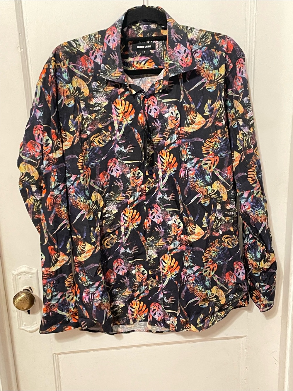 Jared Lang Black Button-Down Shirt with Multicolor Tropical Leaf Print